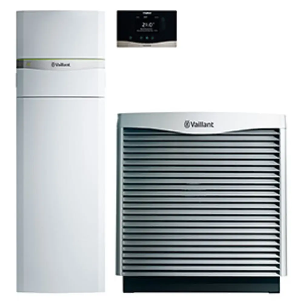 Vaillant Wärmepumpe mit Außeneinheit und Steuerung. Das System besteht aus einer vertikalen und einer horizontalen Einheit, die zur Heiz- und Kühltechnik genutzt wird.